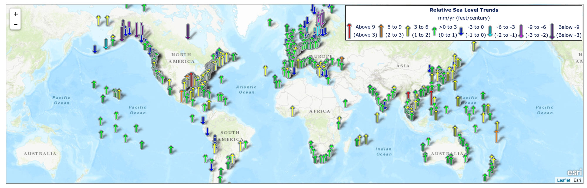 Global map showing regional sea level trends worldwide.