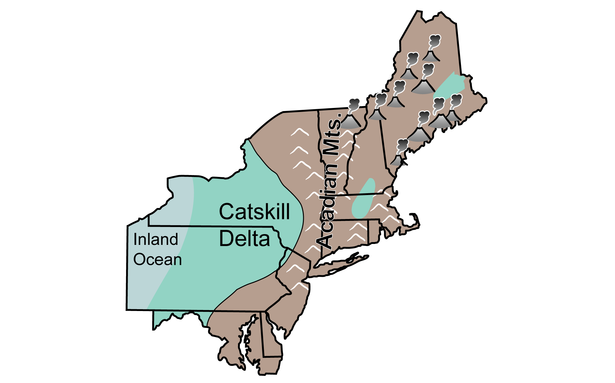 Map of the northeastern United States showing what the paleogeography likely looked like during the Devonian period.