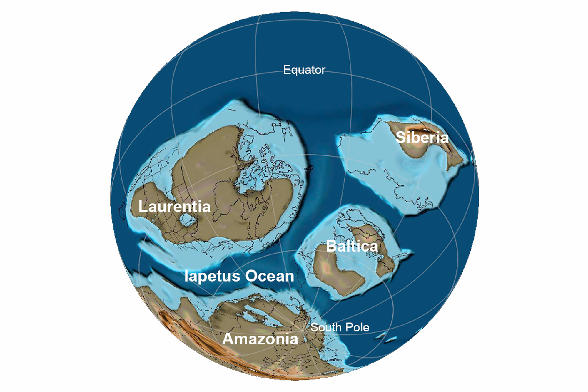 Reconstruction of Earth at the end of the Precambrian.