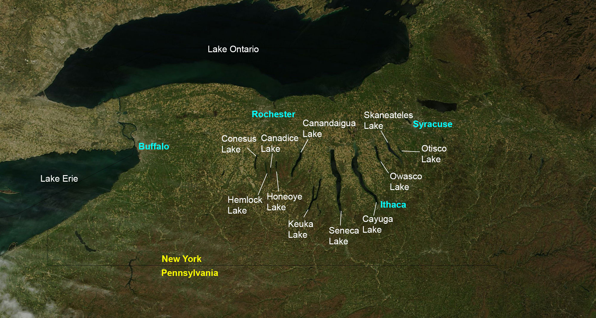 Satellite image of the Finger Lakes region, with each individual lake identified.