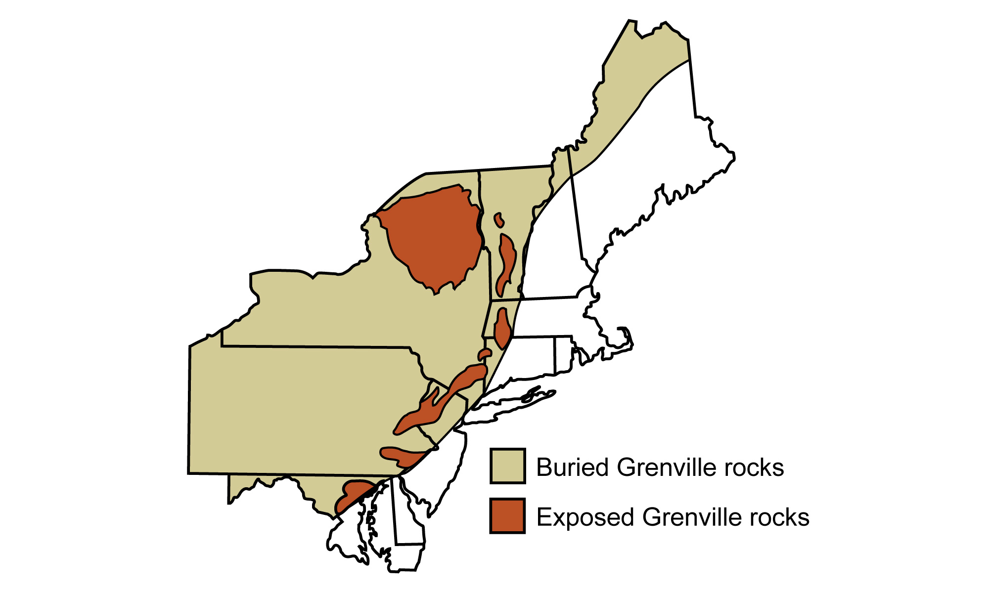 Map of the northeastern U.S. showing the locations of buried and exposed Grenville-aged rocks.