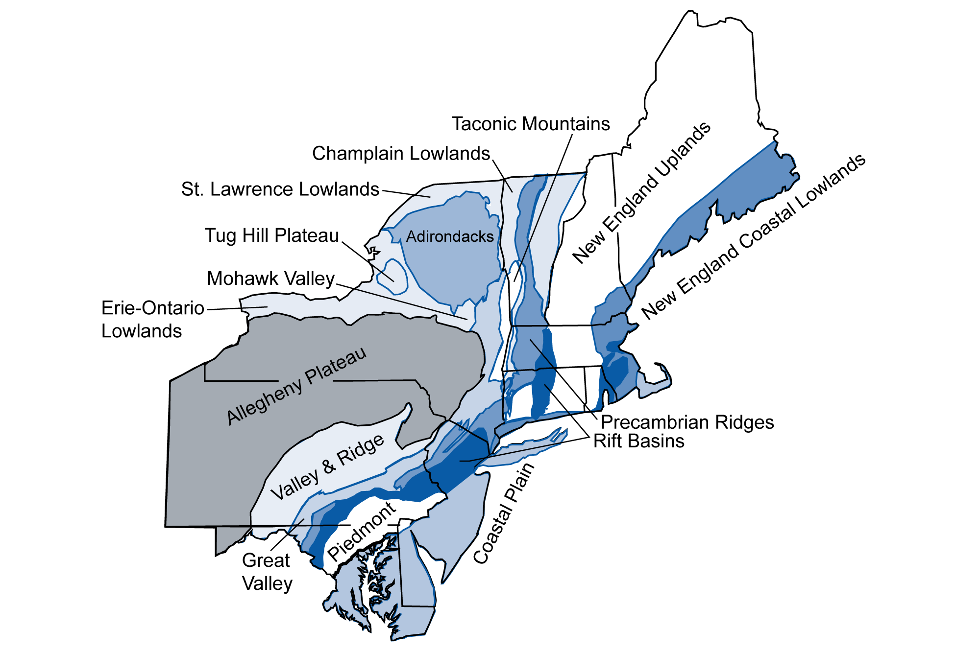 Map showing the major physiographic regions of the northeastern United States.
