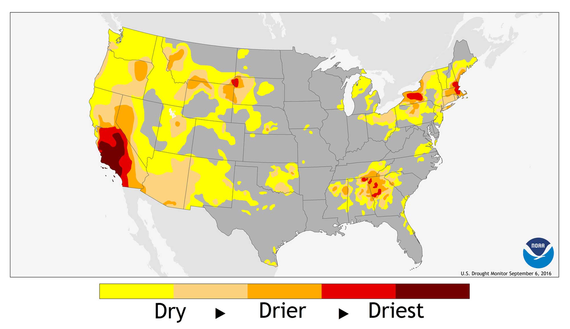 Map showing drought conditions in the United States in 2016.