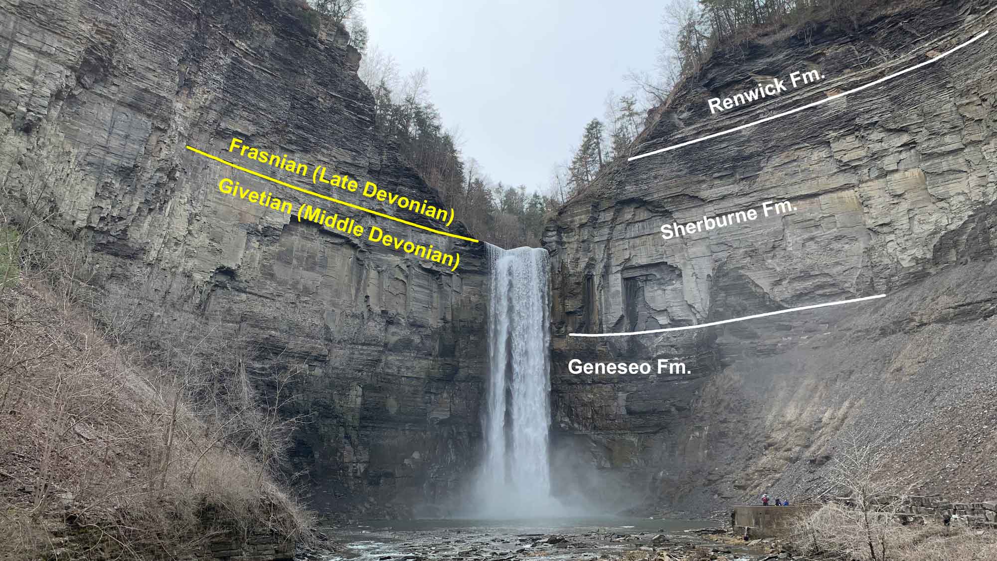 Photograph of Taughannock Falls with major stratigraphic units identified.