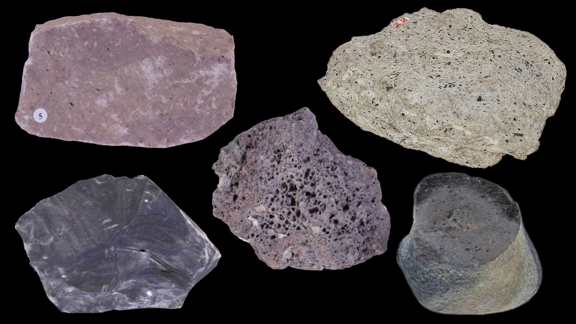 Image of various types of extrusive igneous rocks.