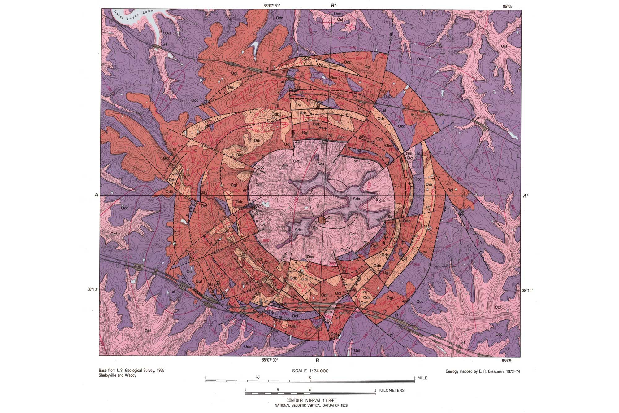 Geologic map depicting the ages of rock units associated with the Jeptha Knob impact structure in Shelby County, Kentucky.