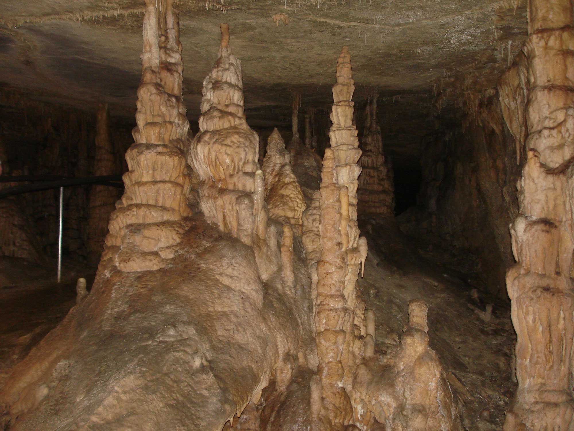 Photograph of stalagmites forming in a cave at Mammoth Cave National Park, Kentucky.