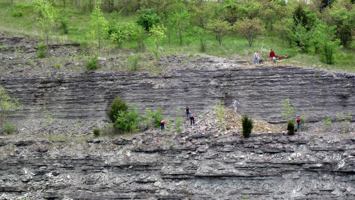 Photograph of large outcrop of Ordovician rock in Kentucky that is being explored by people.