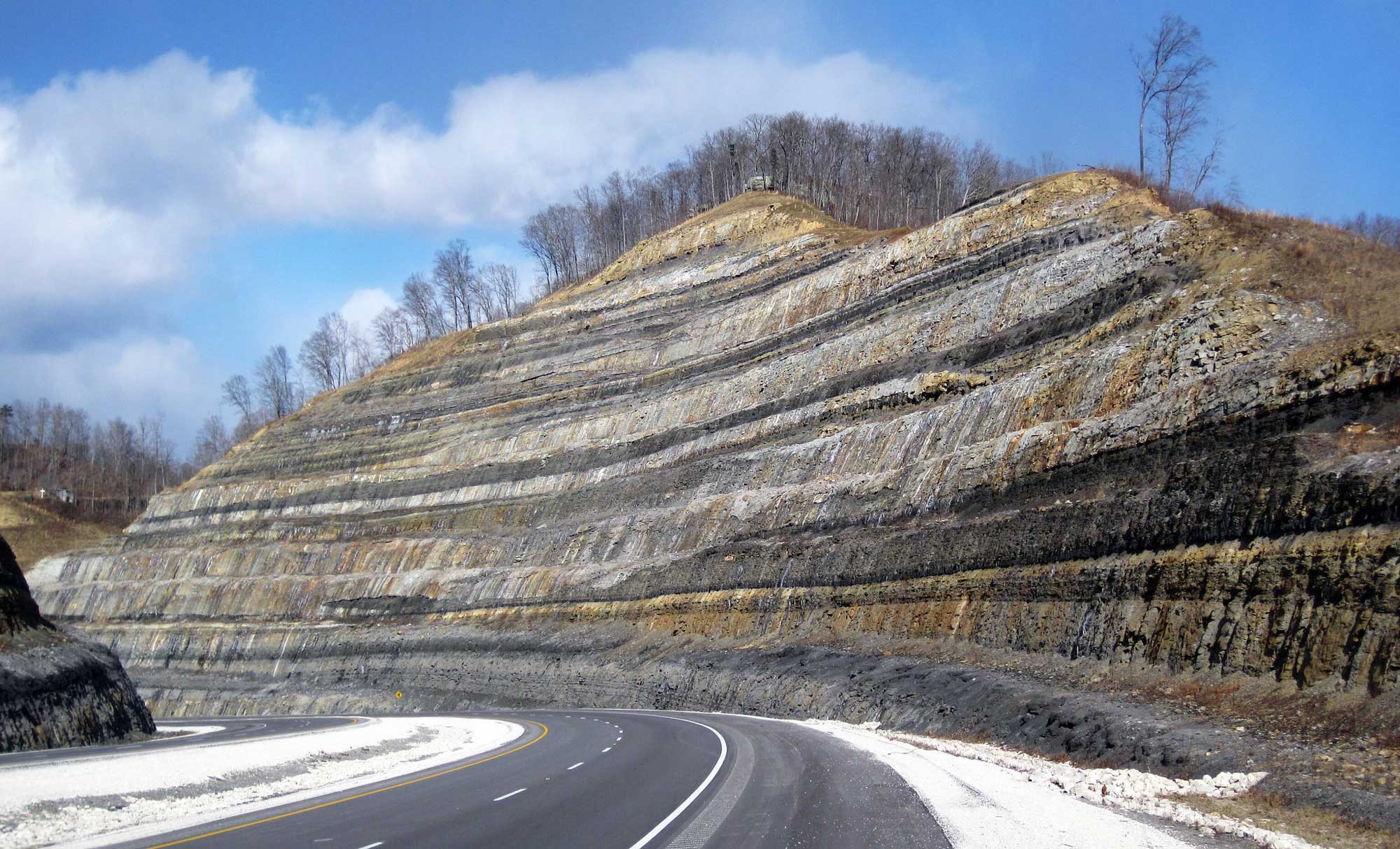 Photograph of a roadcut in Kentucky showing a cyclothem sequence of sedimentary rocks.