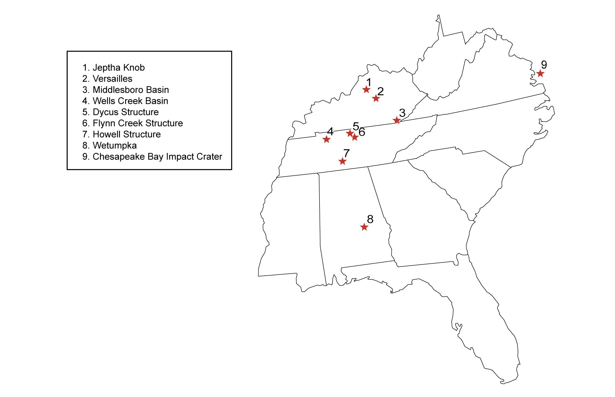 Map showing the locations of known impact structures in the southeastern United States.