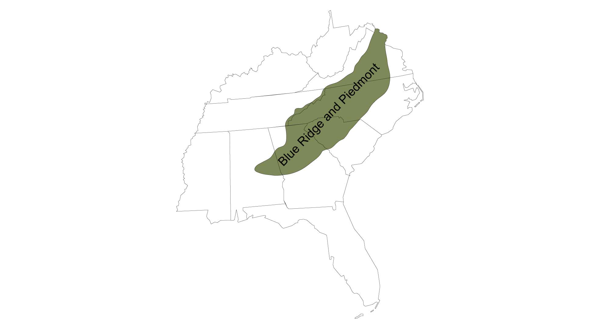 Map showing the area of the southeastern United States occupied by the Blue Ridge and Piedmont physiographic regions.