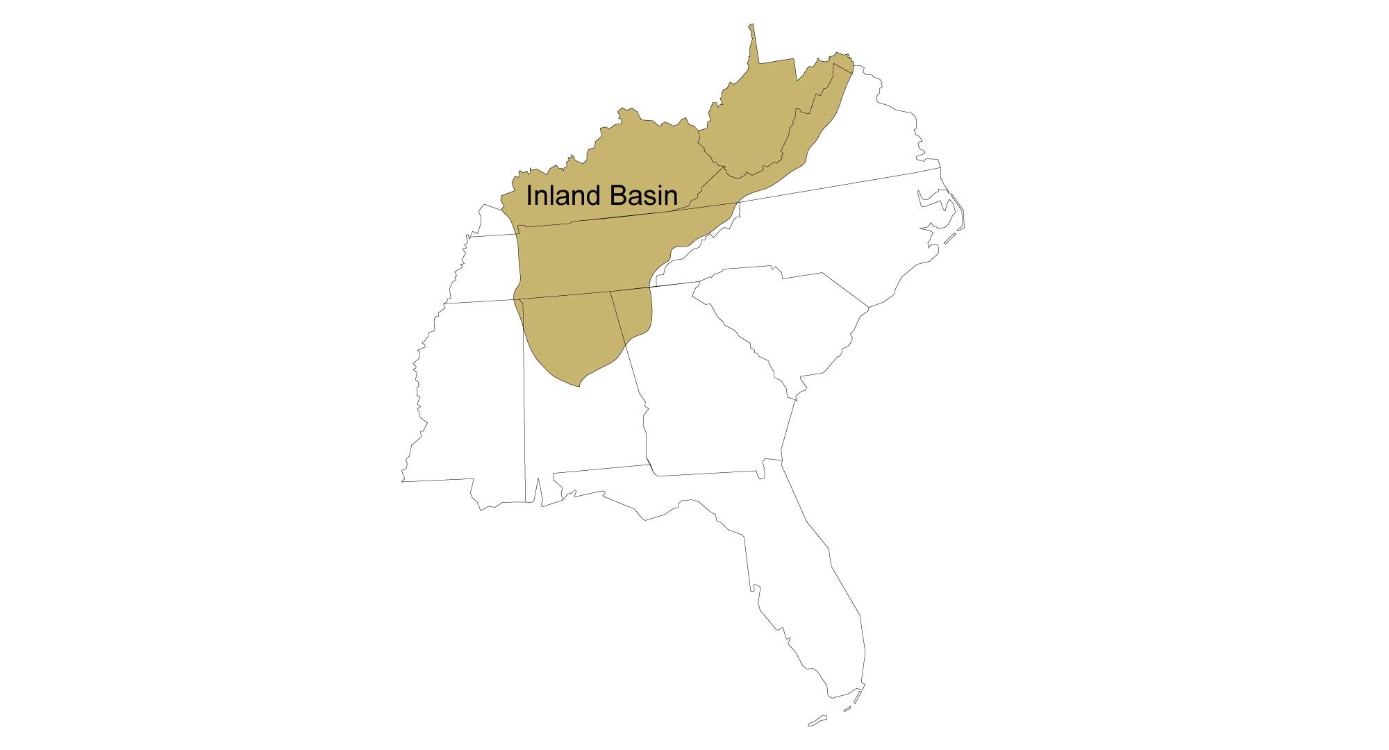 Map showing the area of the southeastern United States occupied by the Inland Basin province.