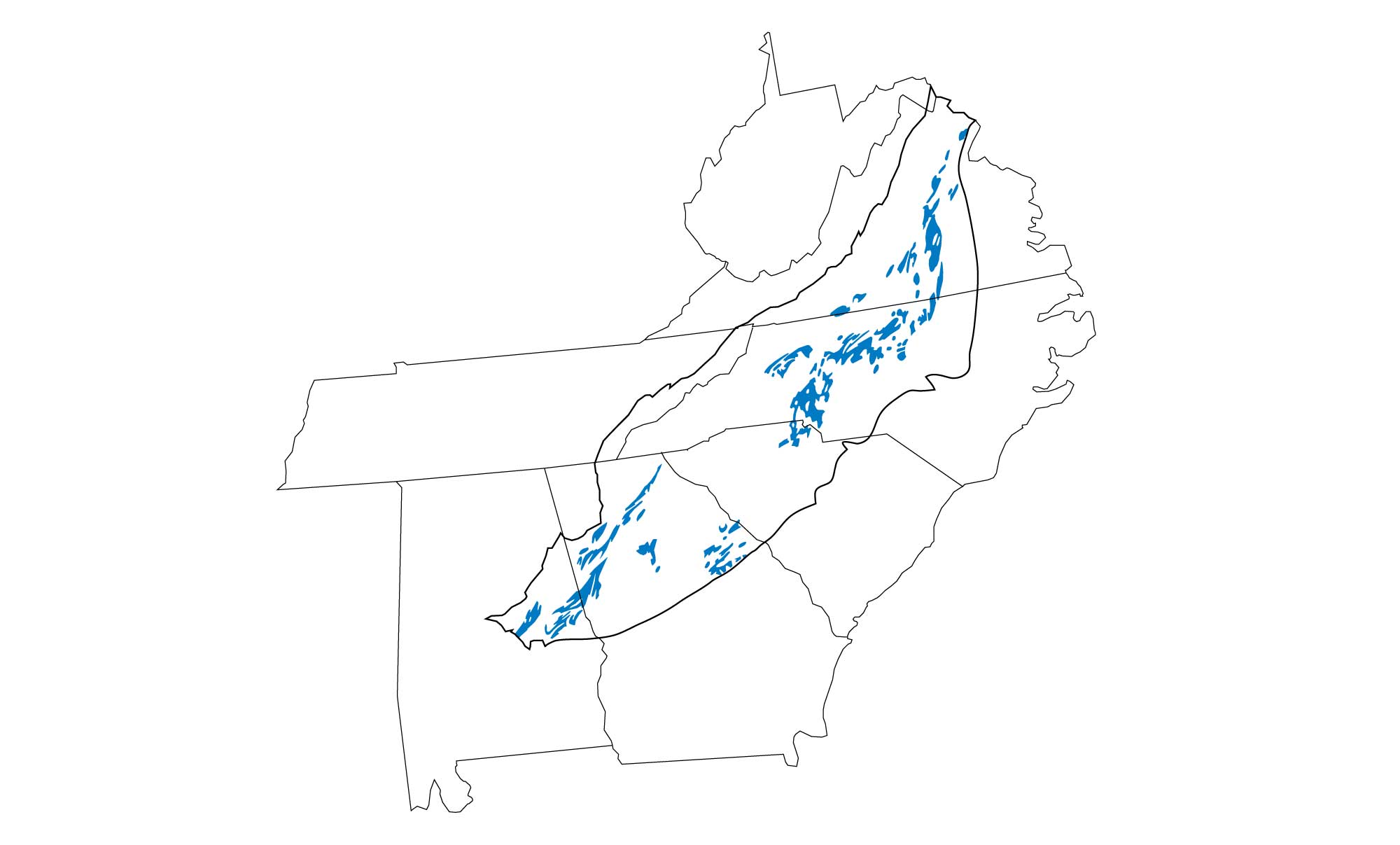 Map showing locations of granite intrusions in the Blue Ridge and Piedmont regions.
