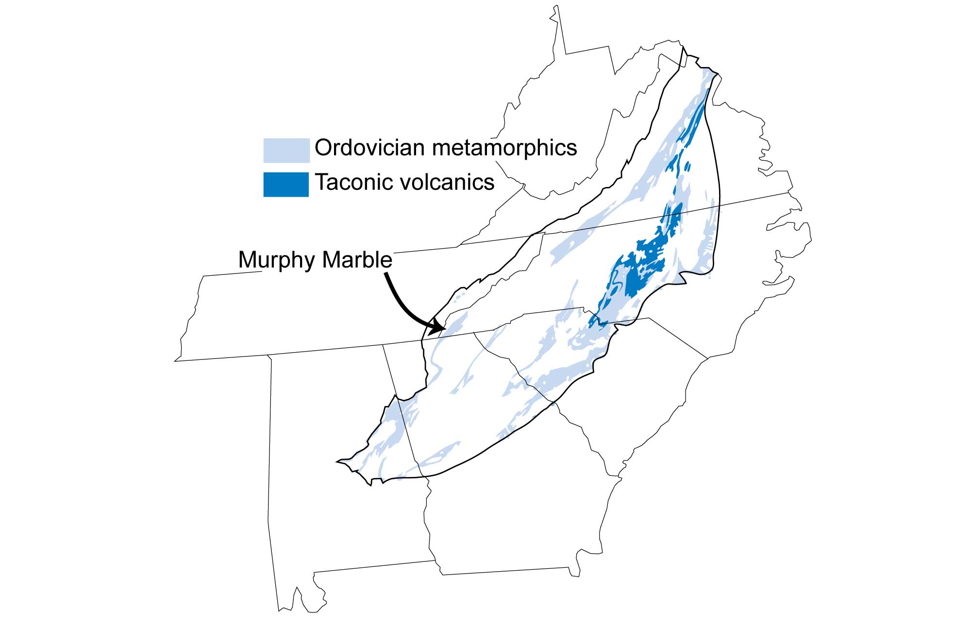 Map showing locations of metamorphic and volcanic rocks in the Blue Ridge and Piedmont regions.