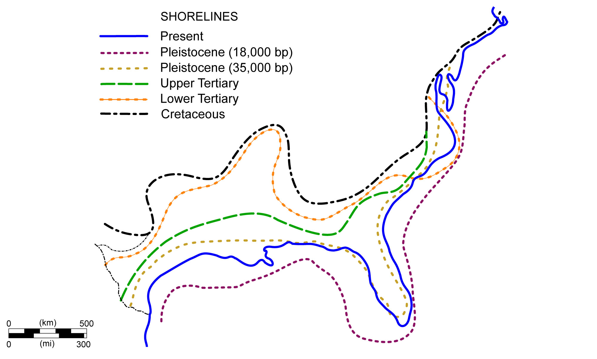 Simple map showing the locations of shorelines along the U.S. Coastal Plain at different times during the geologic past.