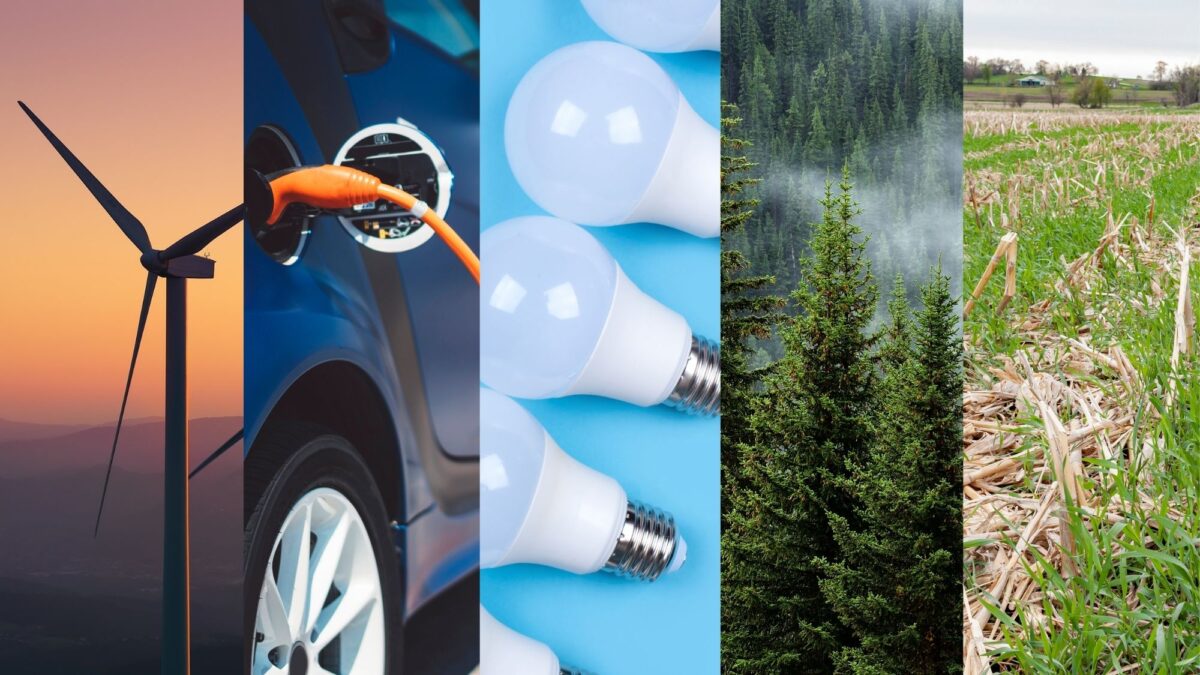 Image highlighting climate change mitigation strategies, including photos of wind turbines, an electric car, LED lightbulbs, a forest, and an agricultural field with cover crops.