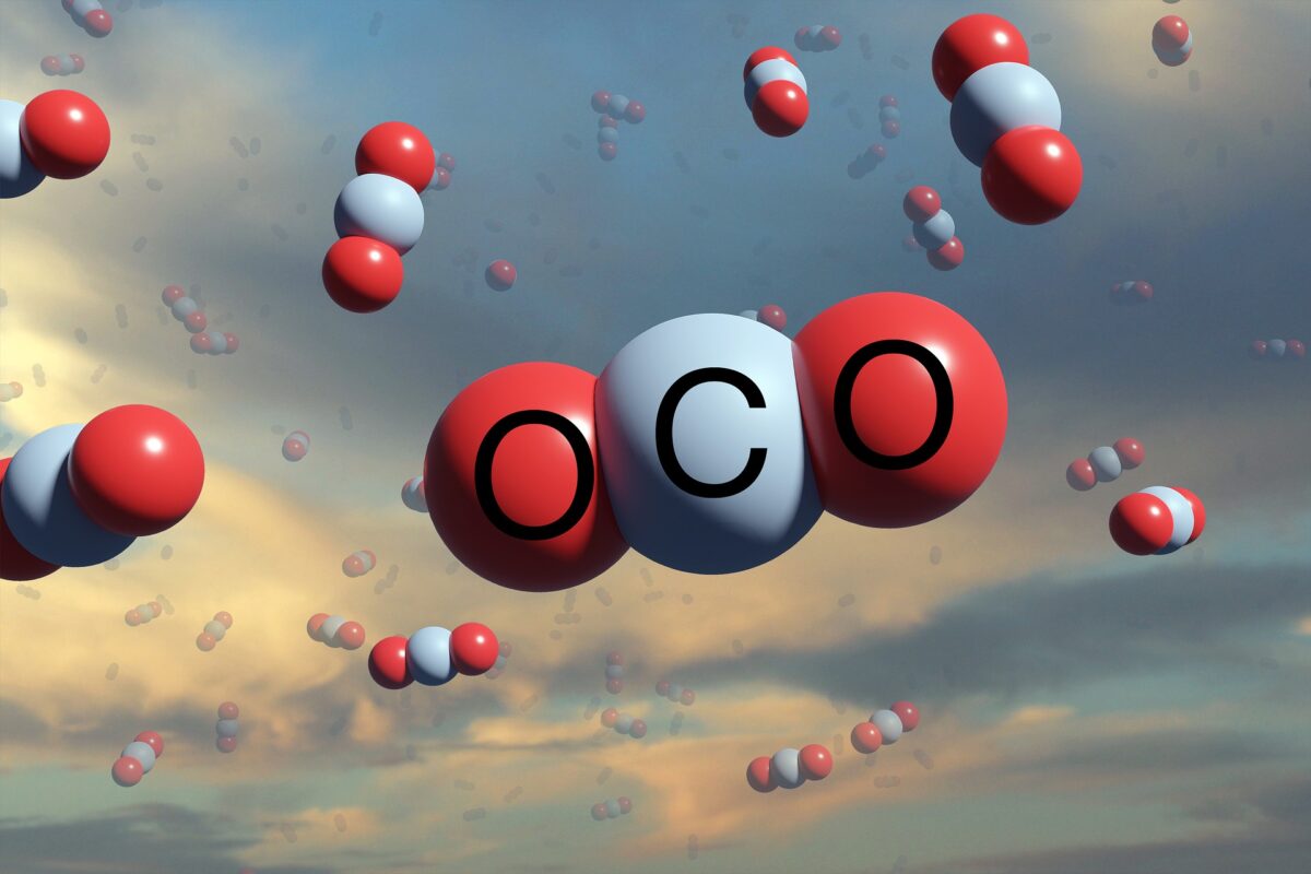 Artistic image of carbon dioxide molecules in the atmosphere.