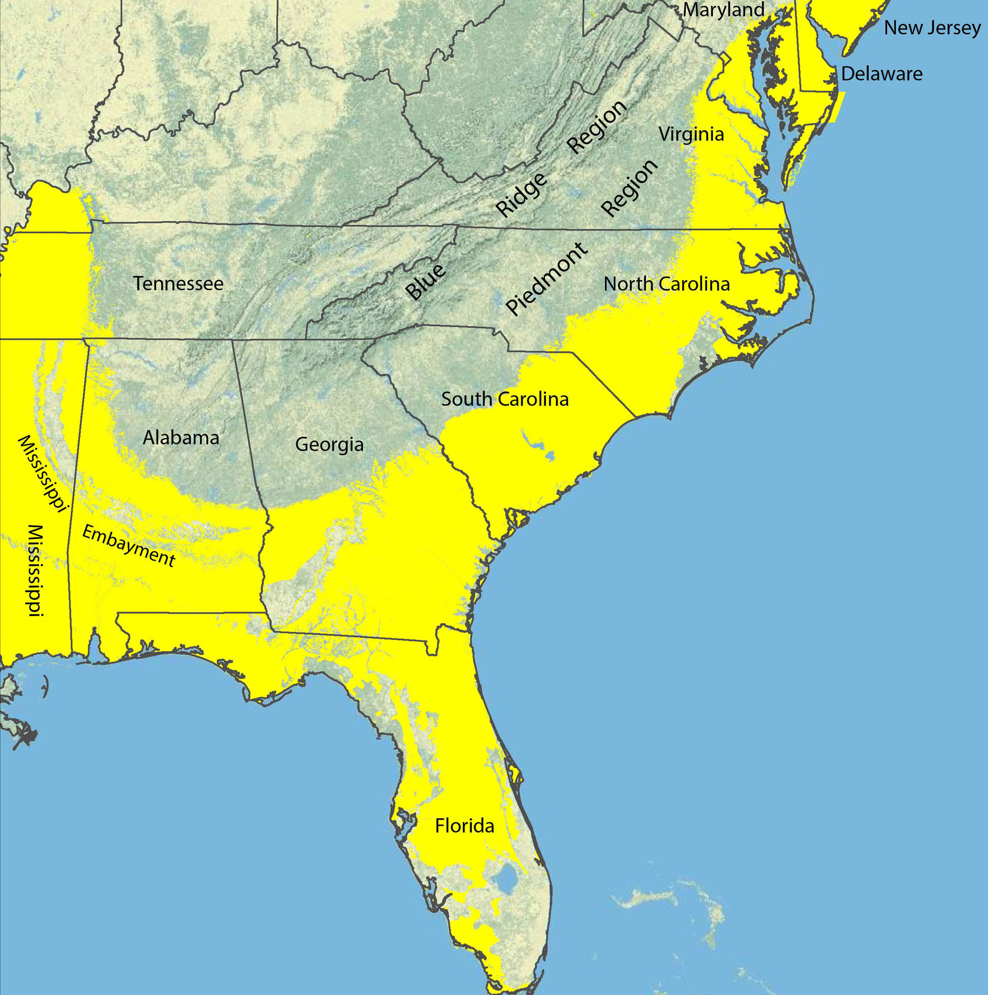 Map showing most of the southeastern United States with Coastal Plain sedimentary deposits indicated in yellow.