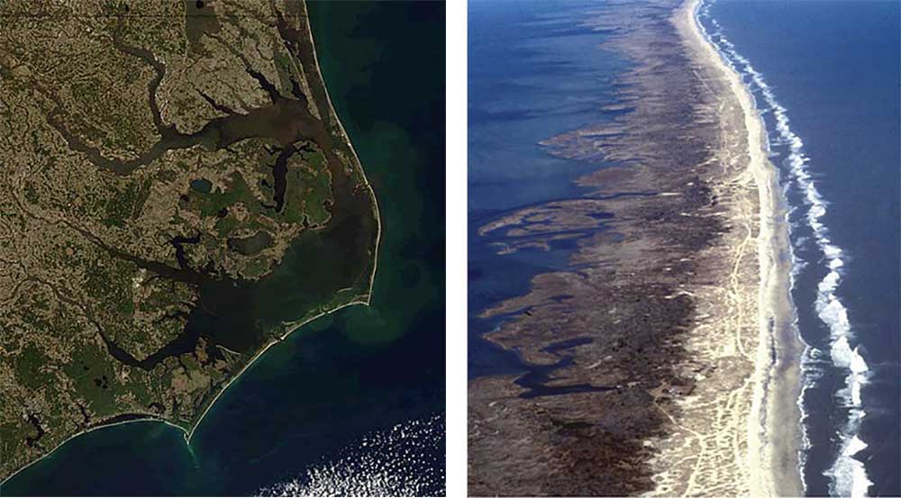 Satellite image and arial photograph of barrier islands off the coast of North Carolina.