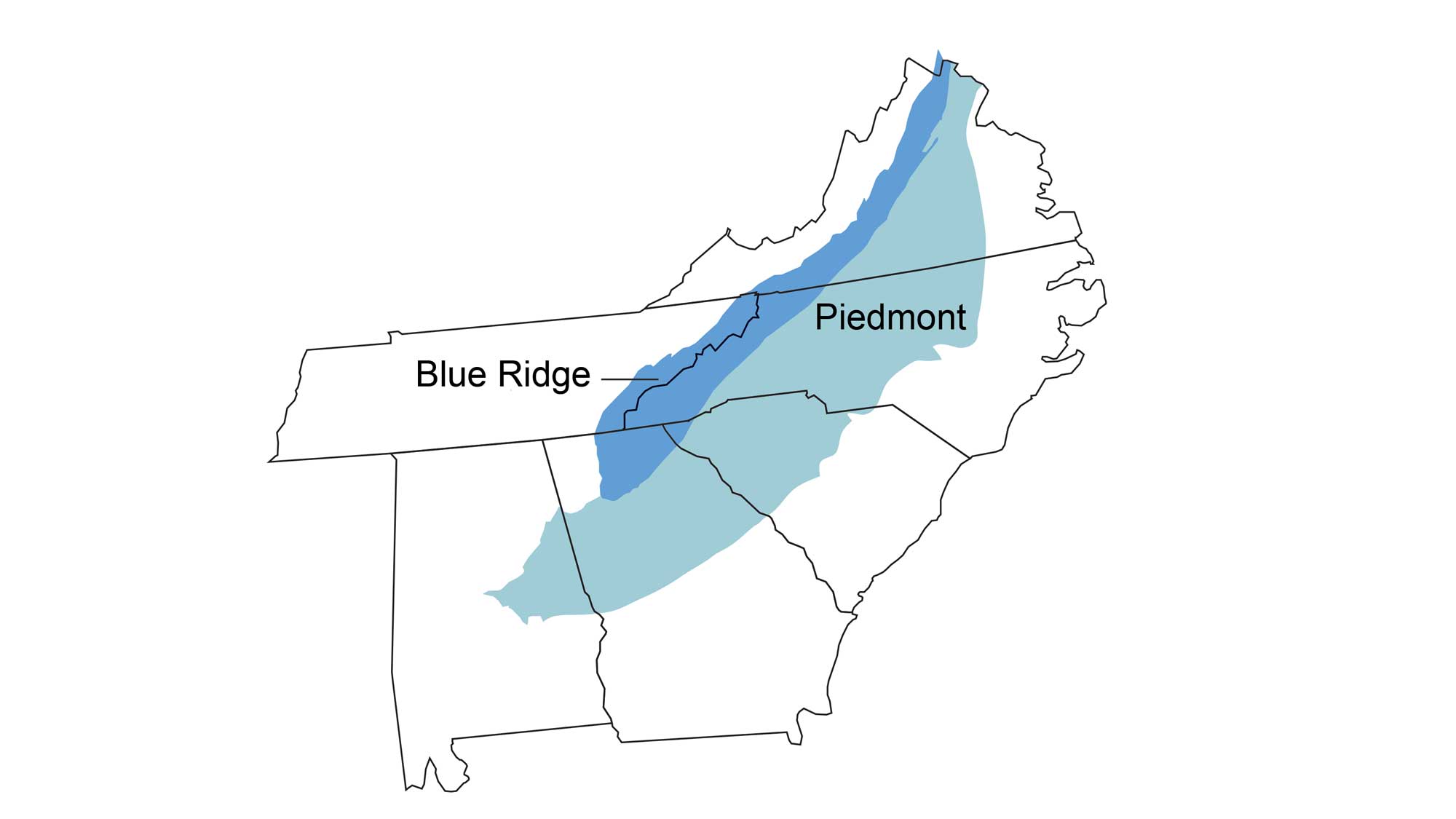 Map showing the boundaries of the Blue Ridge and Piedmont regions.