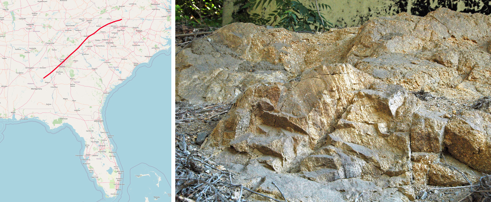 2-Panel figure. Panel 1: Map showing the location of the Brevard Fault Zone. Panel 2: Photo of rocks at the Brevard Fault Zone.