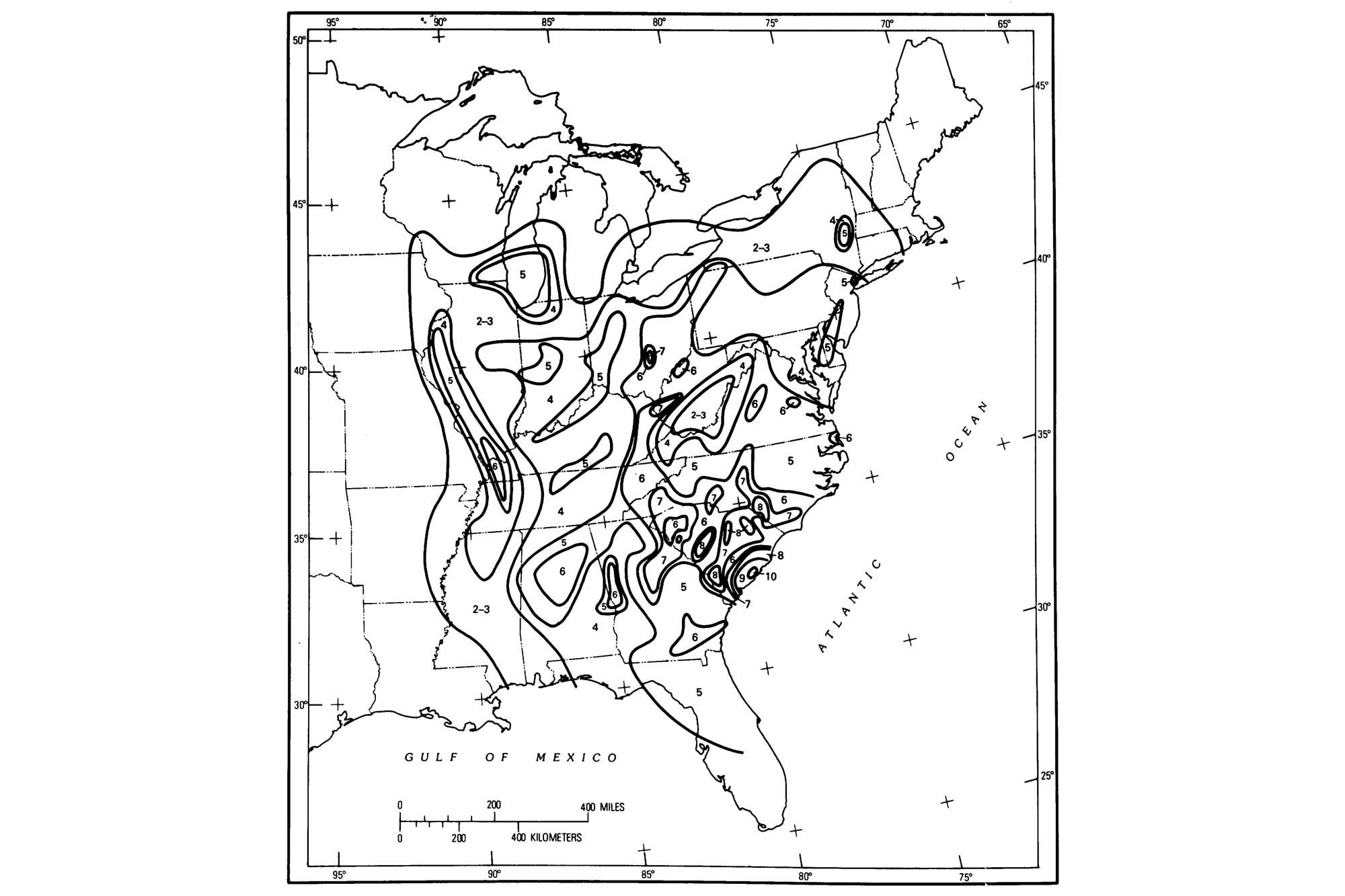 Map showing the intensity of the 1886 Charleston, South Carolina earthquake.