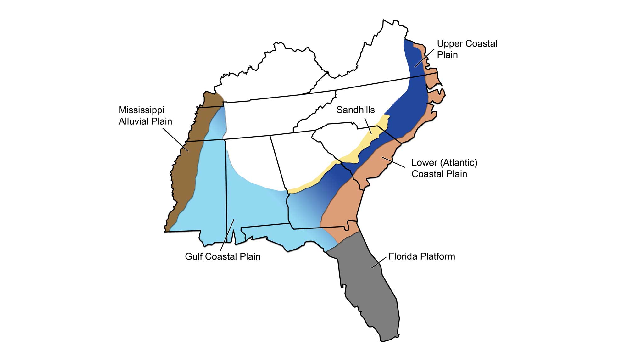 Map showing the physiographic provinces within the Coastal Plain region of the southeastern United States.