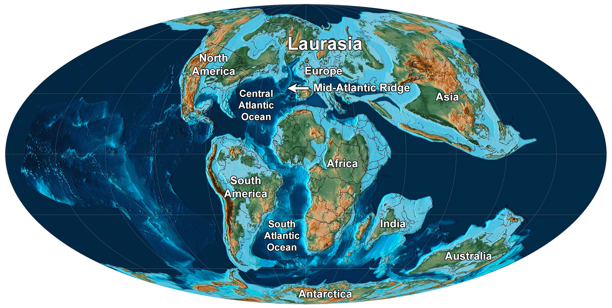 Reconstruction of the Earth in the Late Cretaceous about 80 million years ago when sea levels were high.