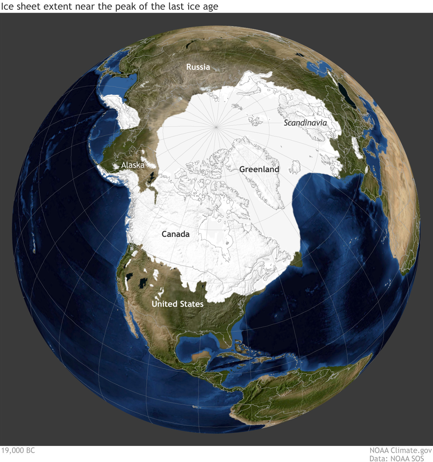 A map reconstructing earth at around 19,000 years ago. The map shows that northern North America was covered with a large glacier and that the coastlines were different.