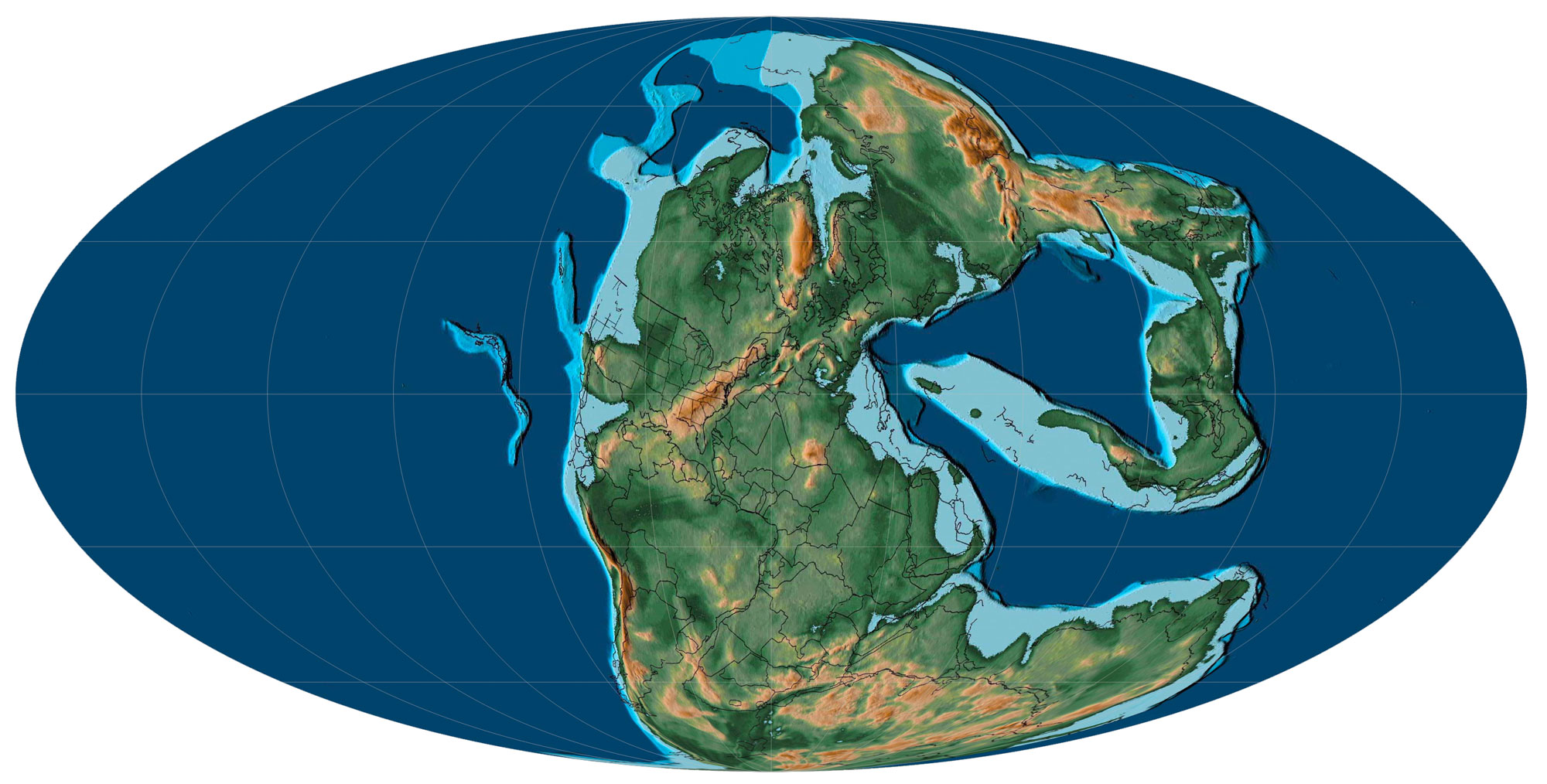 Reconstruction of Earth 250 million years ago showing the supercontinent Pangaea, Mollewide projection.
