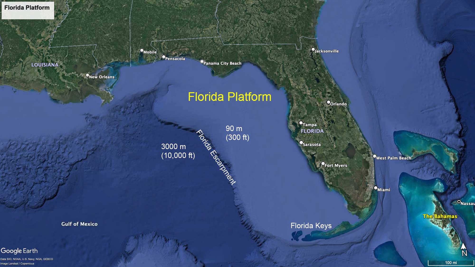 Google Earth map of the Florida Platform.