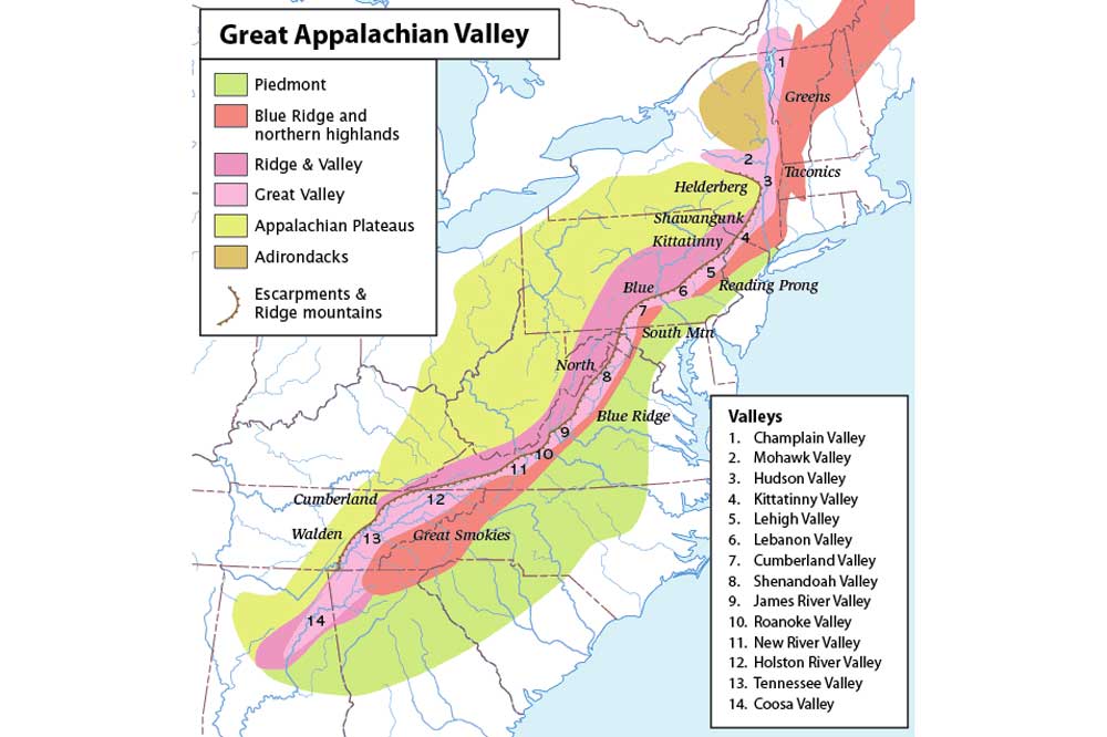 Map showing the geographic extent of the Great Appalachian Valley, as well as other eastern U.S. topographic features.