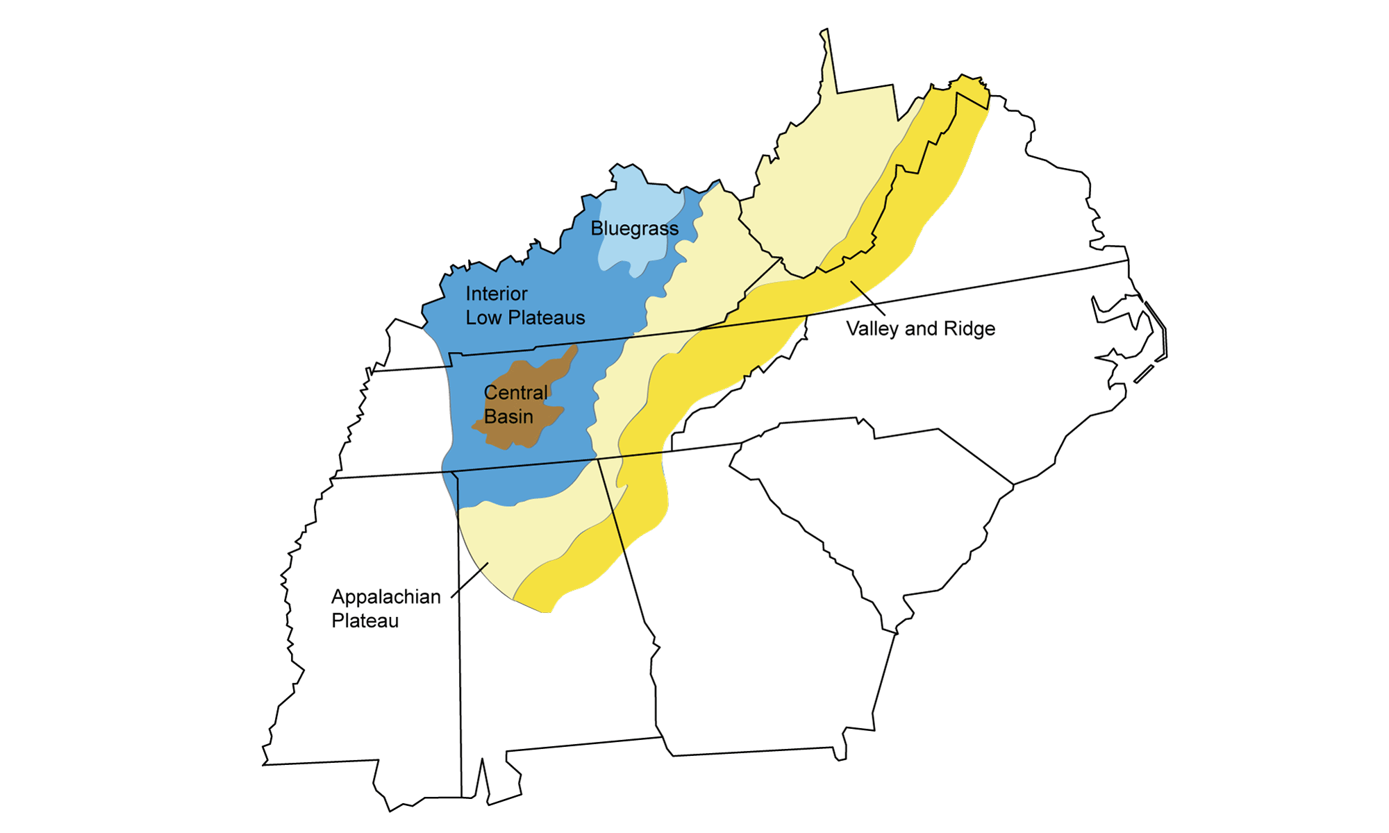 Map showing the physiographic regions of the Inland Basin, including the Bluegrass, Interior Low Plateaus, Central Basin, Appalachian Plateau, and Valley and Ridge.