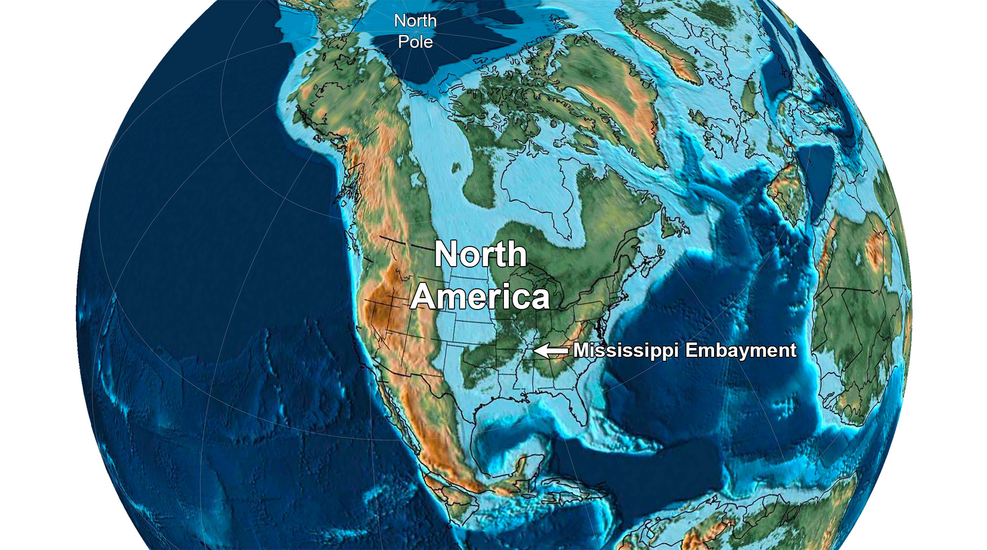 Reconstruction of North America about 75 million years ago during the Late Cretaceous showing the flooded Mississippi Embayment.