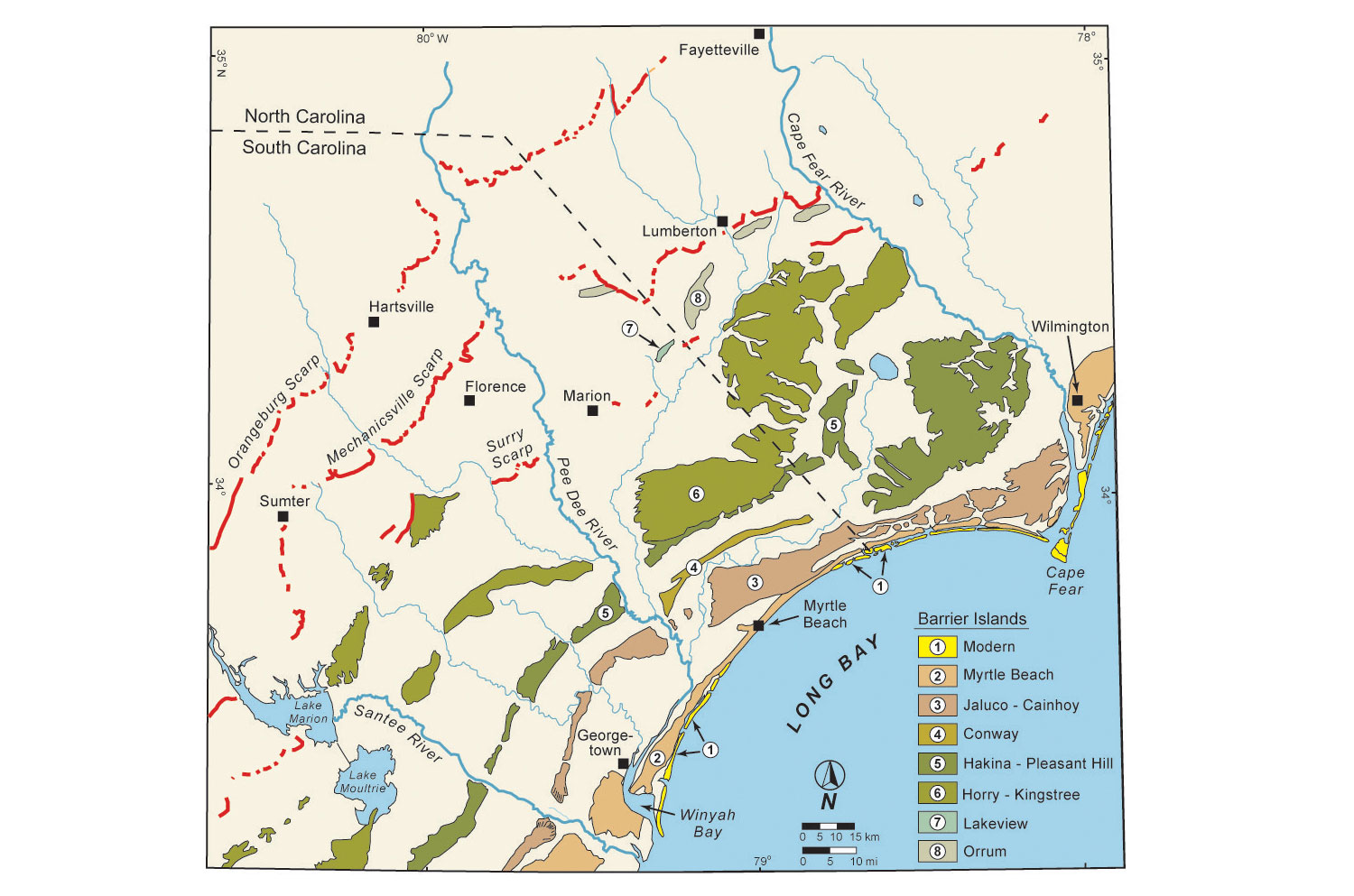 Map showing the locations of Pliocene scarps (ancient coastlines) in the Carolinas.