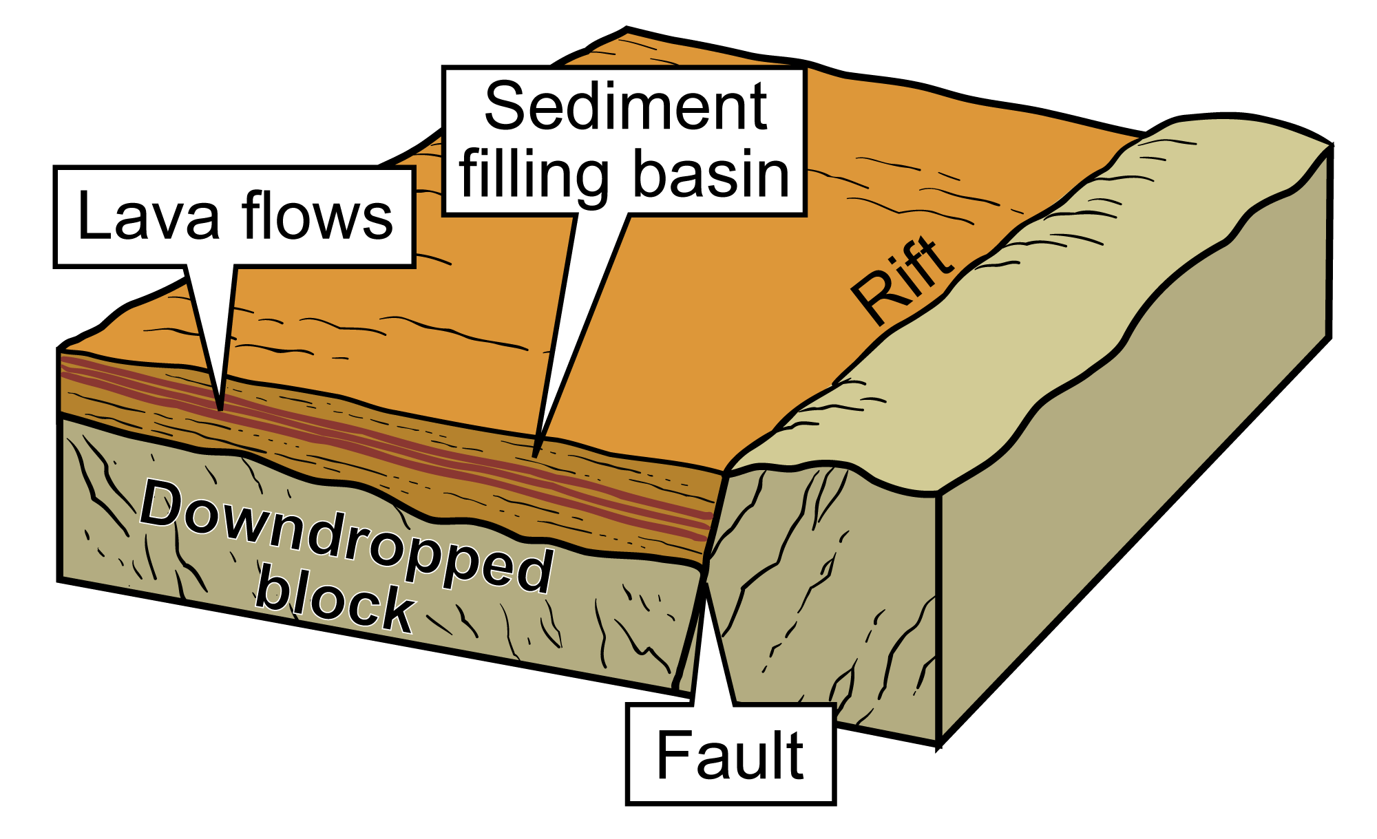 Diagram of a rift basin filled with sediment. The diagram shows a downdropped block on top of which sediment has accumulated. Lava flow layers occur with in the accumulated sediment.