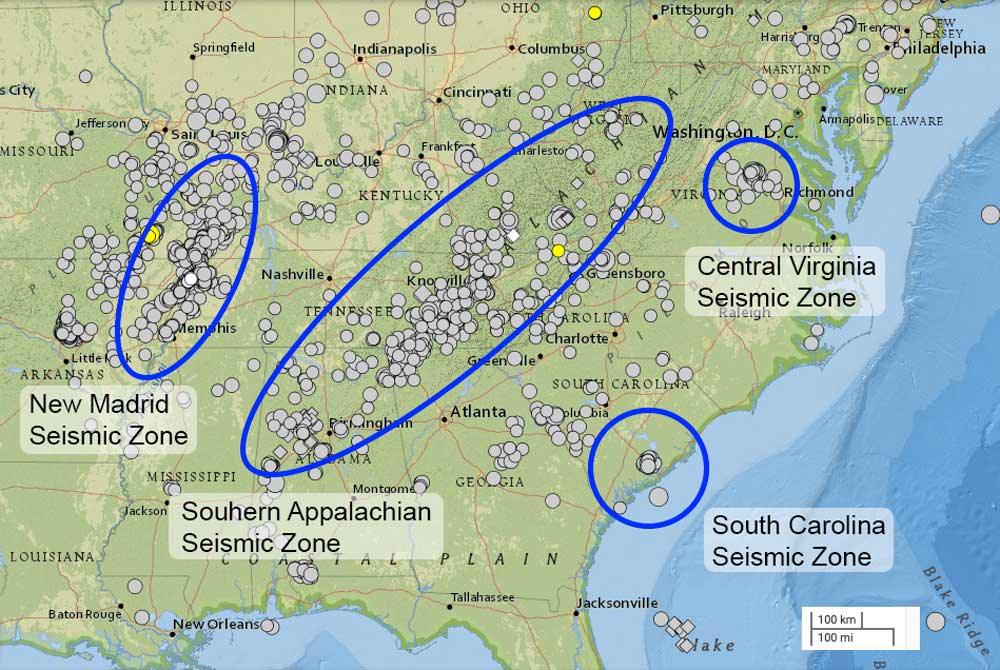 Map showing the major seismic zones of the southeastern United States.