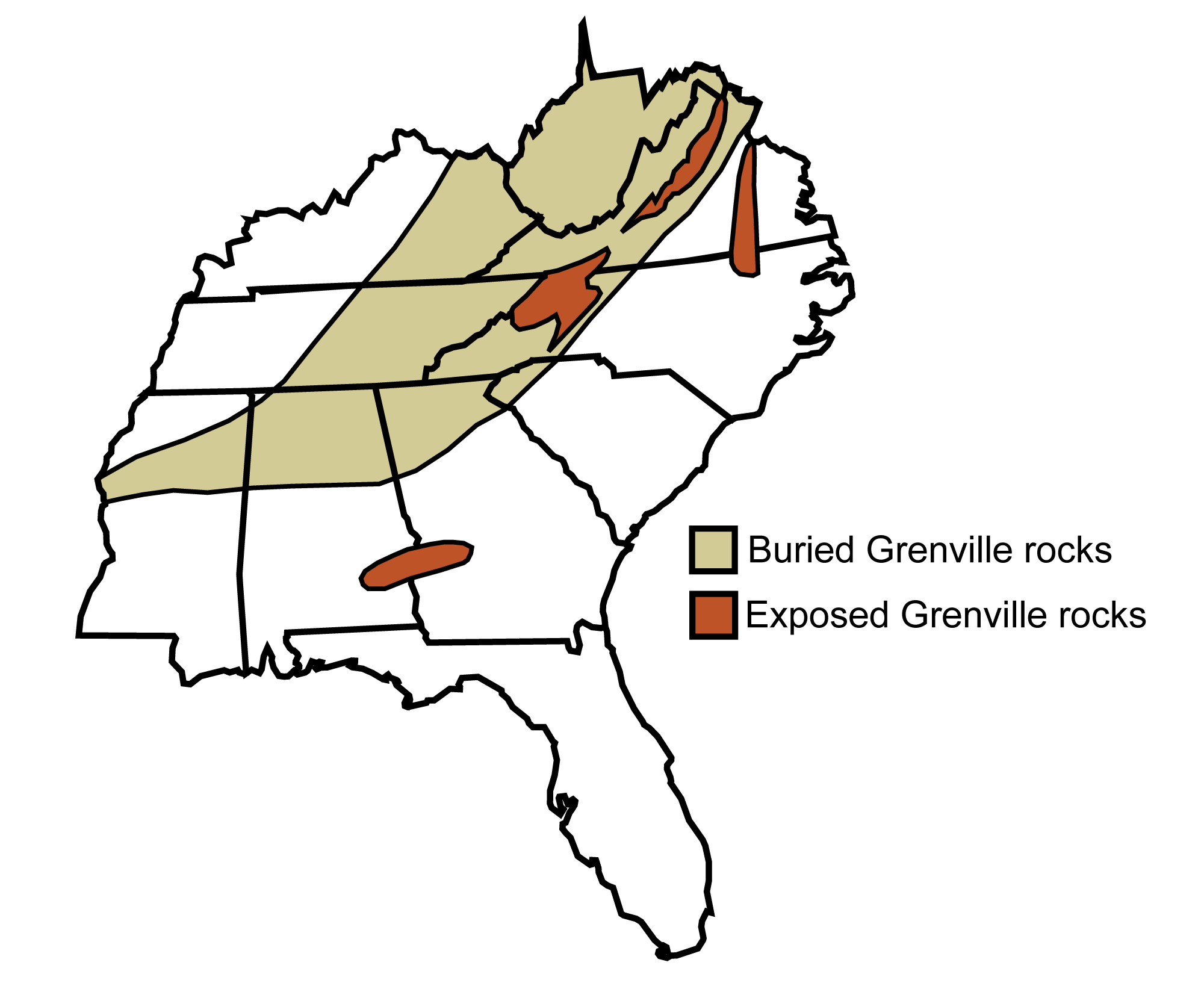 Map showing the extent of buried and exposed Grenville rocks in the southeastern United States.