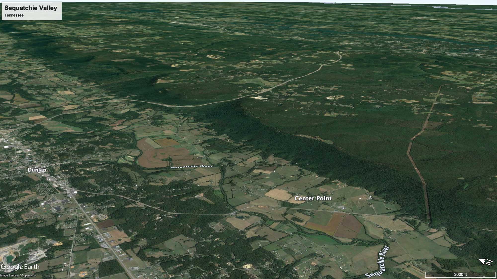 Google Earth satellite image of the Sequatchie Valley in Tennessee.