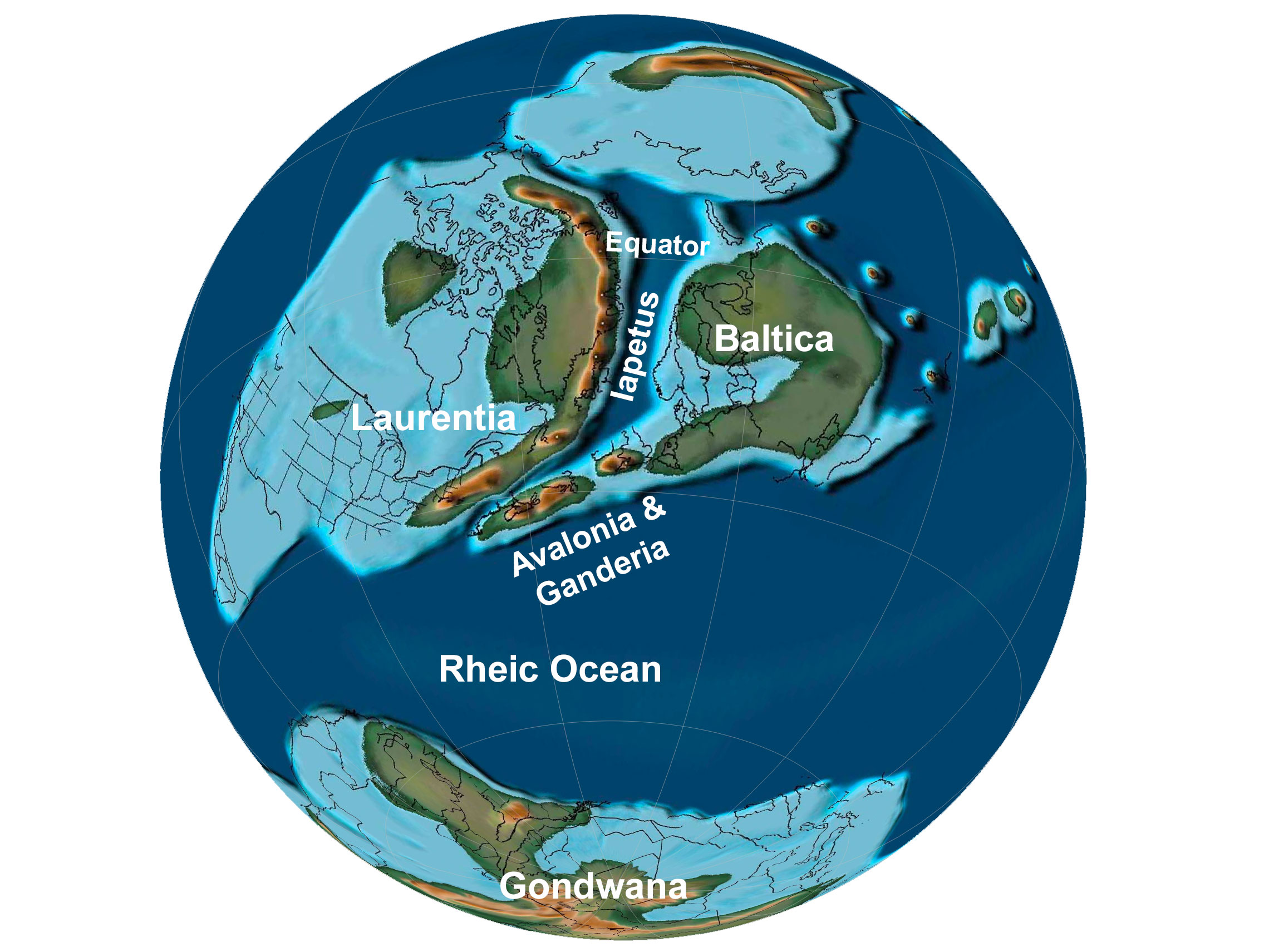 Illustration depicting the collision of North American and Baltica during the Devonian.