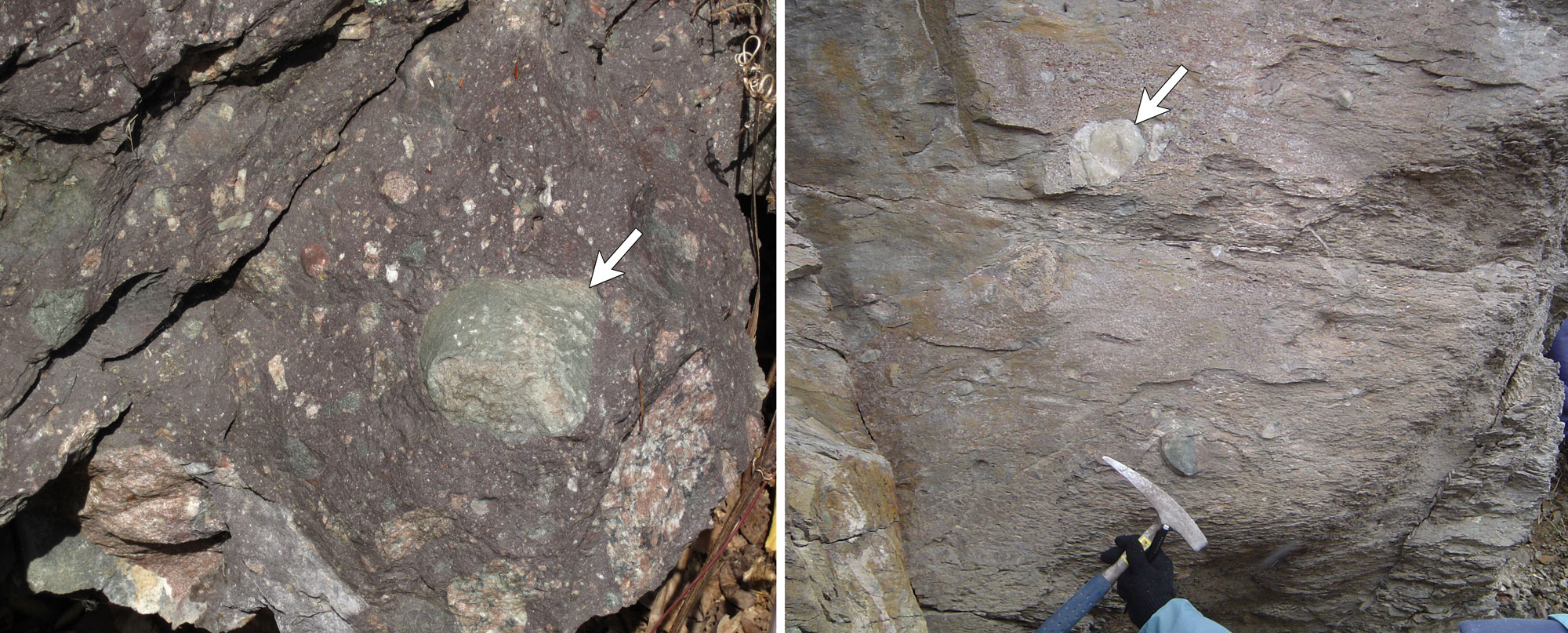 2-Panel figure of glacial deposits from the Cryogenian period. Panel 1: Konnarock Formation, Virginia. Panel 2: Pocatello Formation, Idaho.