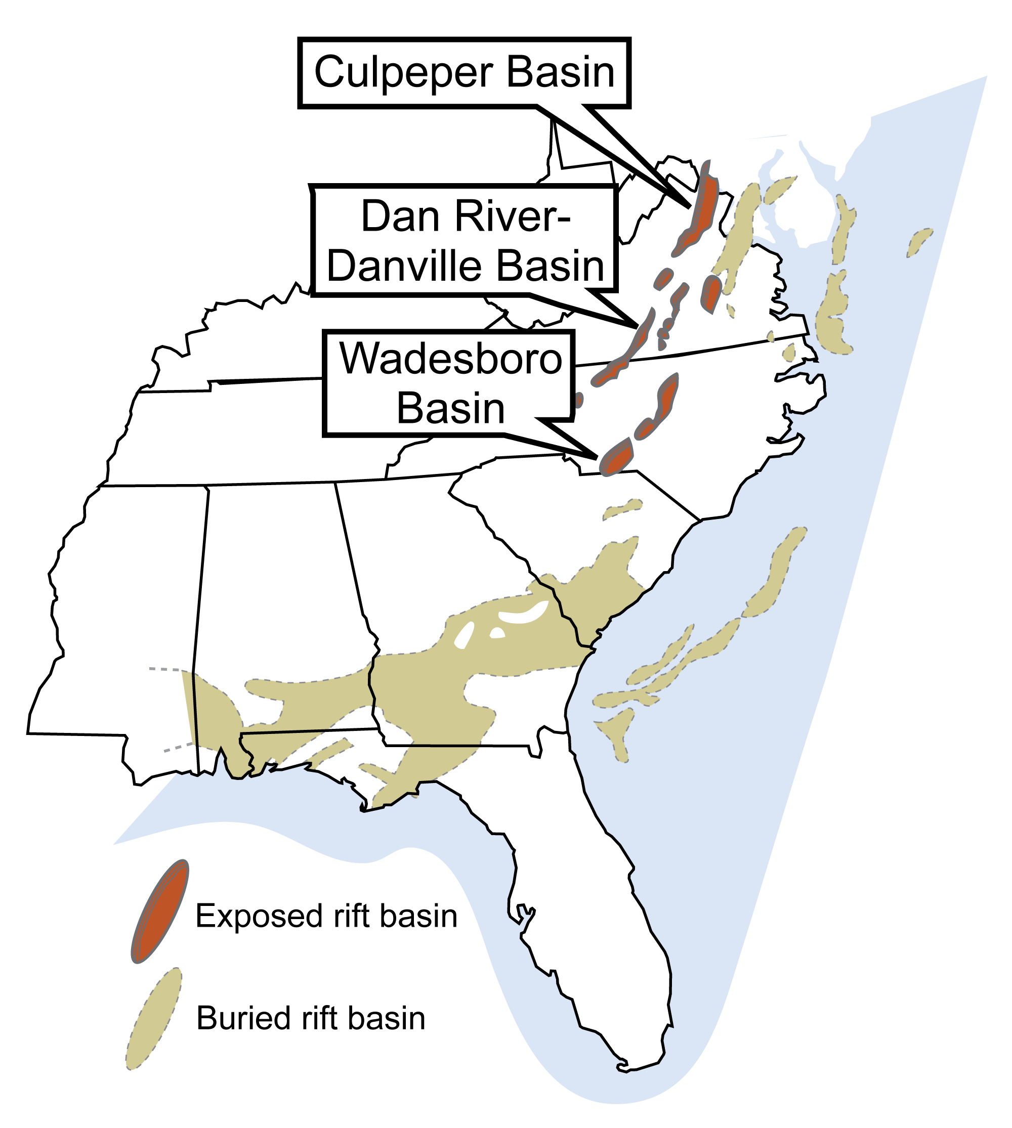 Map showing the locations of the Triassic and Jurassic rift basins in the southeastern United States, including deposits exposed at the surface and buried deposits.