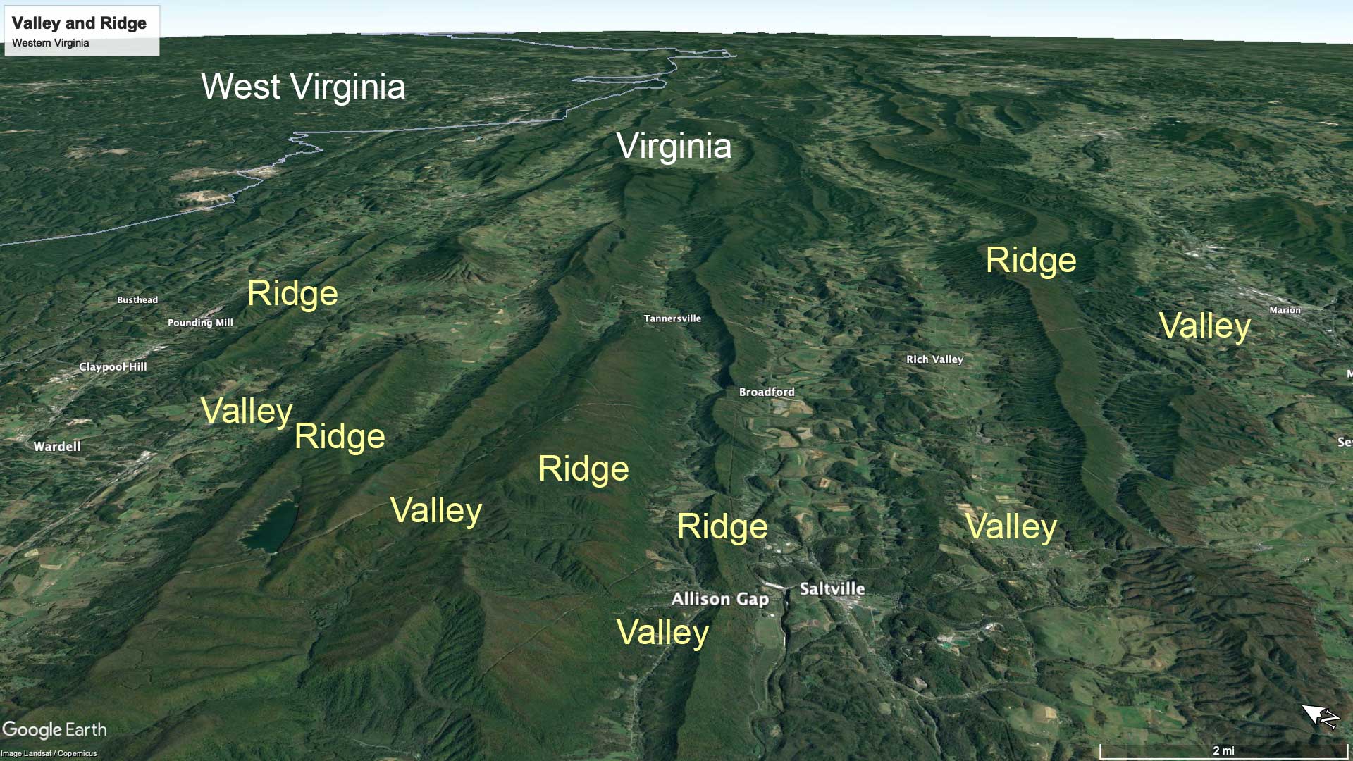 Map showing the Valley and Ridge system in western Virginia.