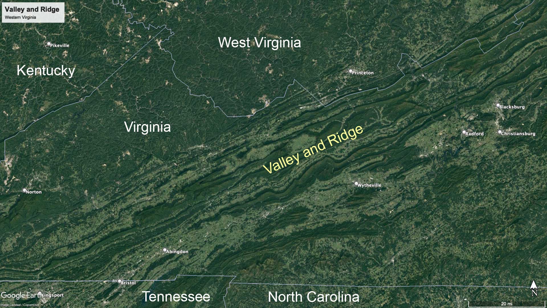 Map showing the Valley and Ridge system in western Virginia.