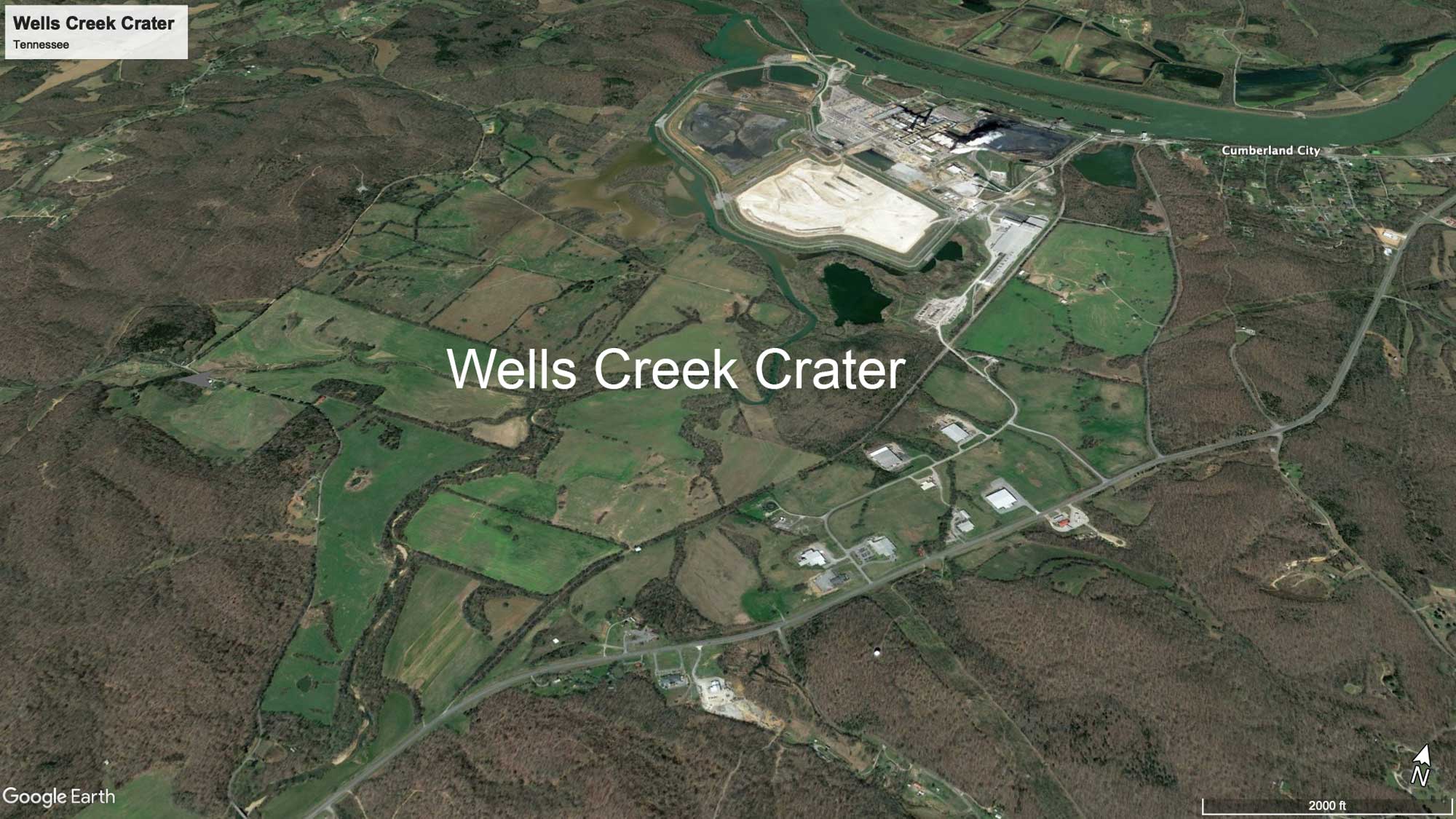Google Earth satellite view of Wells Creek Crater near Cumberland City, Tennessee.