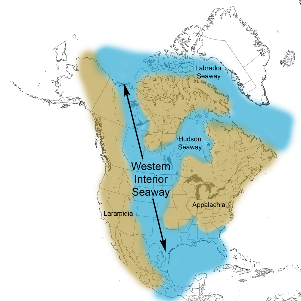 Map of present-day North America with overlay showing the Cretaceous geography. Terrestrial regions are in light brown whereas marine regions are in blue. The Western Interior Seaway extends from the U.S. Gulf Coast in the southeast through the Northwest Territories of Canada in the northwest.