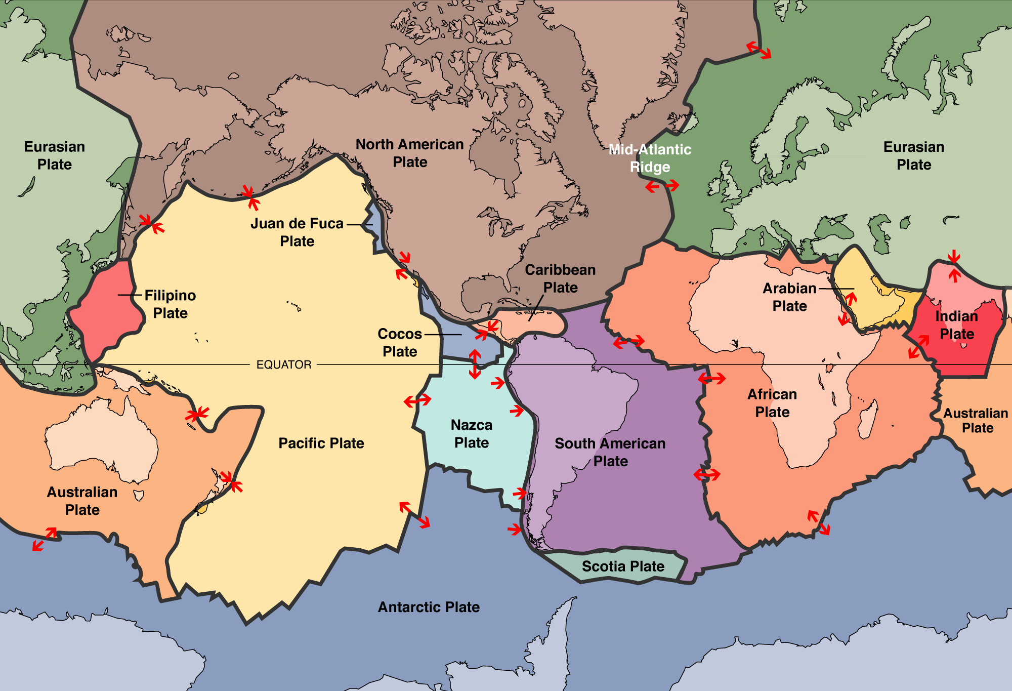 World map with plate boundaries illustrated. Each plate as well as the mid-Atlantic Ridge is labelled.