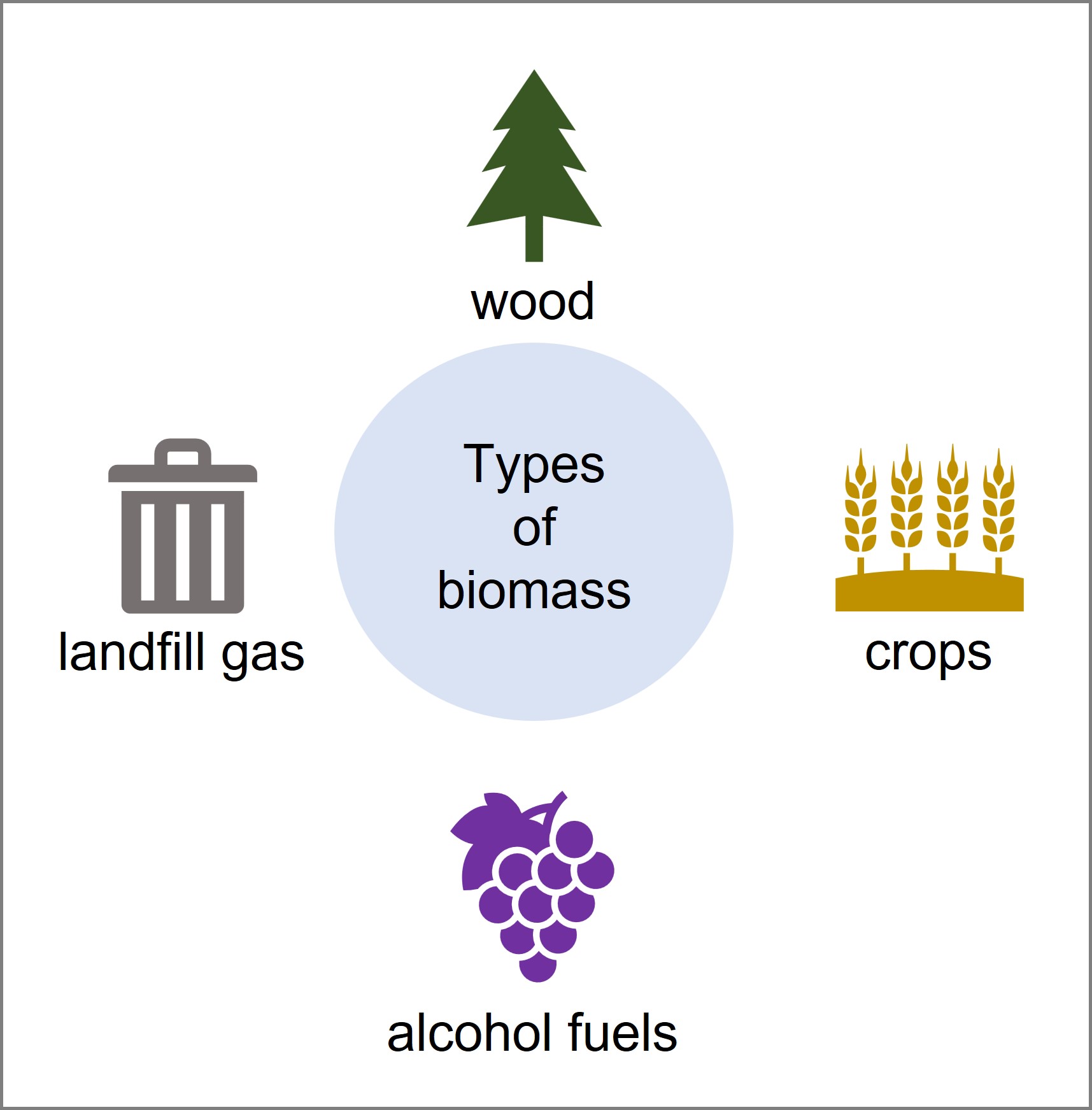 Diagram showing different types of biomass: wood, crops, alcohol, and landfill gas.
