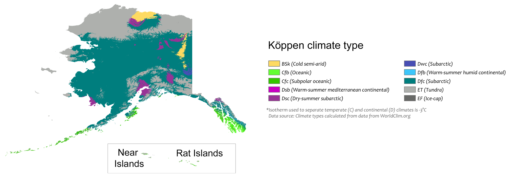 Koppen climate map of Alaska showing climate zones.