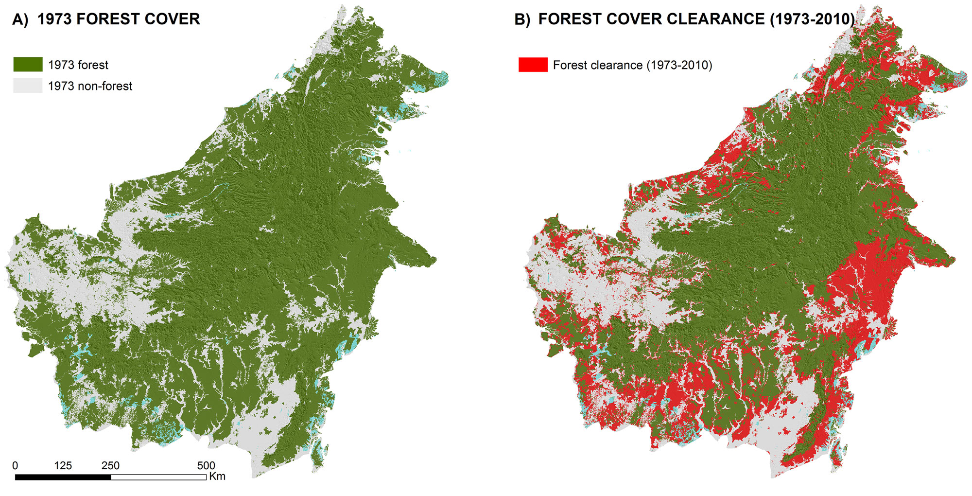 Maps showing forested area of Borneo in 1973 and extent of forest clearance from 1973 to 2010.